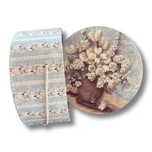 Beautiful Hat Box in Soft Blues and Browns Floral and Vintage Stripe Design